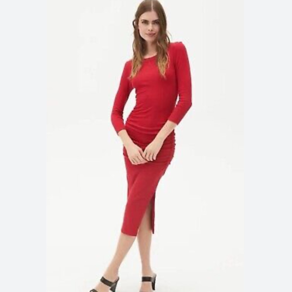 Michael Stars Christina Red Ribbed 3/4 Sleeve Ruched